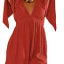 Womens Summer Short Sleeve Romper V Neck Jumpsuits with Cinched Waistline Casual Outfits with Side Pockets (XL, Red)