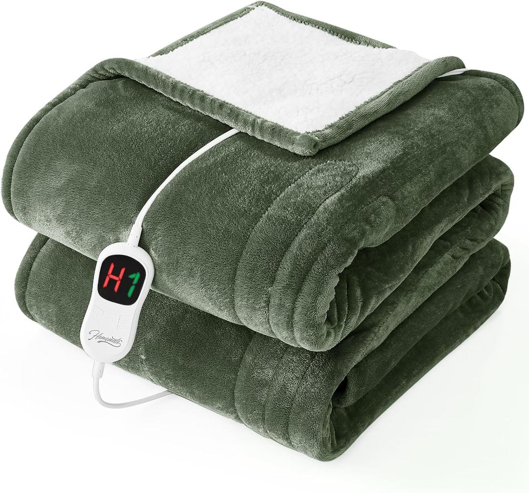 Homemate Electric Heated Blanket Twin  62"x84" Heating Bed Blankets Throw with 10 Heating Levels 8 Hours Auto Off Fast Heating OverHeated Protection Ultra Soft Warm Flannel ETL Certified Green