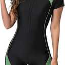 Women Swimsuit Fashion Contrast Short Sleeves Crewneck Shorts Jumpsuit Bikini Stretchy Comfy Swimwear Bathing Suit (XX-Large, Black)