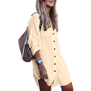 POGTMM Women's Swimsuit Cover Up Summer Beachwear Button Down Shirt Bikini Bathing Suit Beach Coverup Mini Dresses (Large)