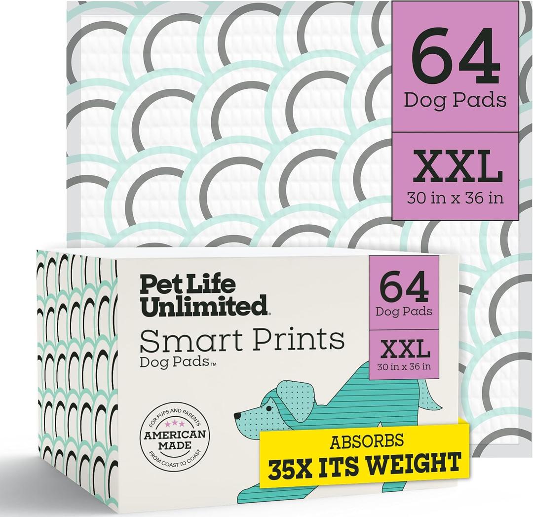 Pet Life Unlimited Smart Prints XXL Puppy Pads for Dogs, Potty Training Pee Pads, 64 Count, 30" x 36", Leak-Proof, Super Absorbent, Quick-Dry, Patterned Pads with Odor Control, Made in USA
