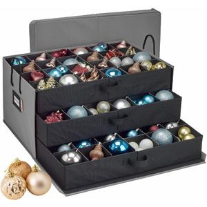 HOLDN STORAGE Christmas Ornament Storage Box with Dividers, Holds Up to 72 Ornaments (4 Inches), Large Organizer with 3 Stackable Trays - Gray