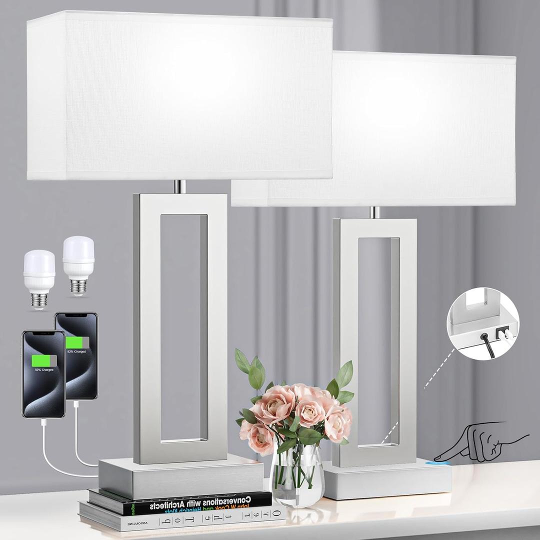 Seealle 22" Tall Bedroom Lamps for Living Room - Touch Brushed Nickel Bedside Lamps with USB C+A, 3 Way Dimmable Lamp for Nightstand, Modern Night Stands Lamps for End Tables(White&Silver) (Large(22in), D. White&Silver)