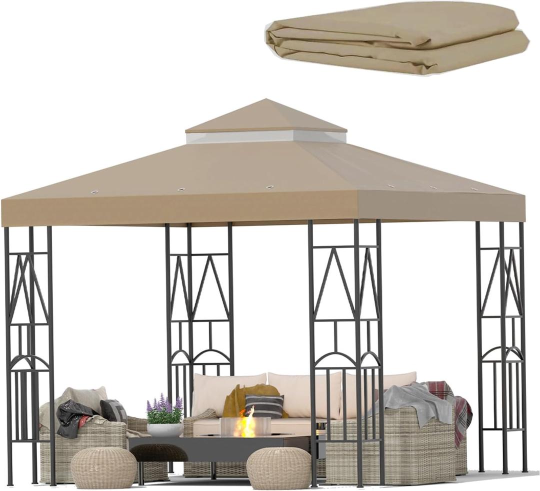 119''x119'' Canopy Replacement Top Double Tiered Gazebo Cover for Yard, Patio & Garden Durable Sunshade Replacement(No Frame)(Khaki)