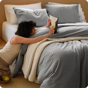 Bedsure Striped Duvet Cover King, 100% Washed Cotton Duvet Cover LinenLike, PureWoven with Reversible YarnDyed Design & DoubleStitch Craft, 3-Piece with Zipper, Stripes Dark Grey, 104"x90"