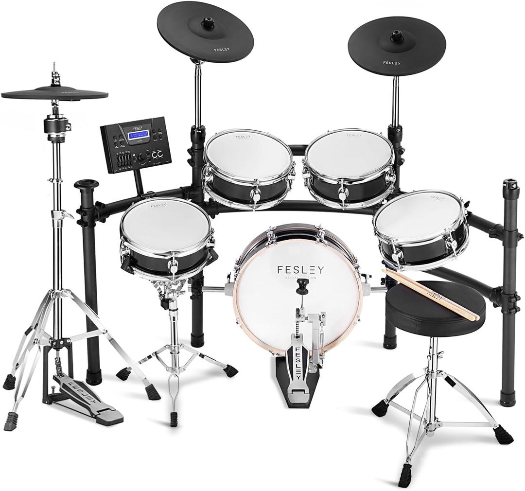 Fesley Electric Drum Set with Independent Kick Snare Drum HiHat Cymbal: Real Sample Sound Source, Bluetooth Electronic Drum Set with Dual Zone Mesh Drum Pad, Dual Zone Cymbal Full Size Adult Drum Set (Black)
