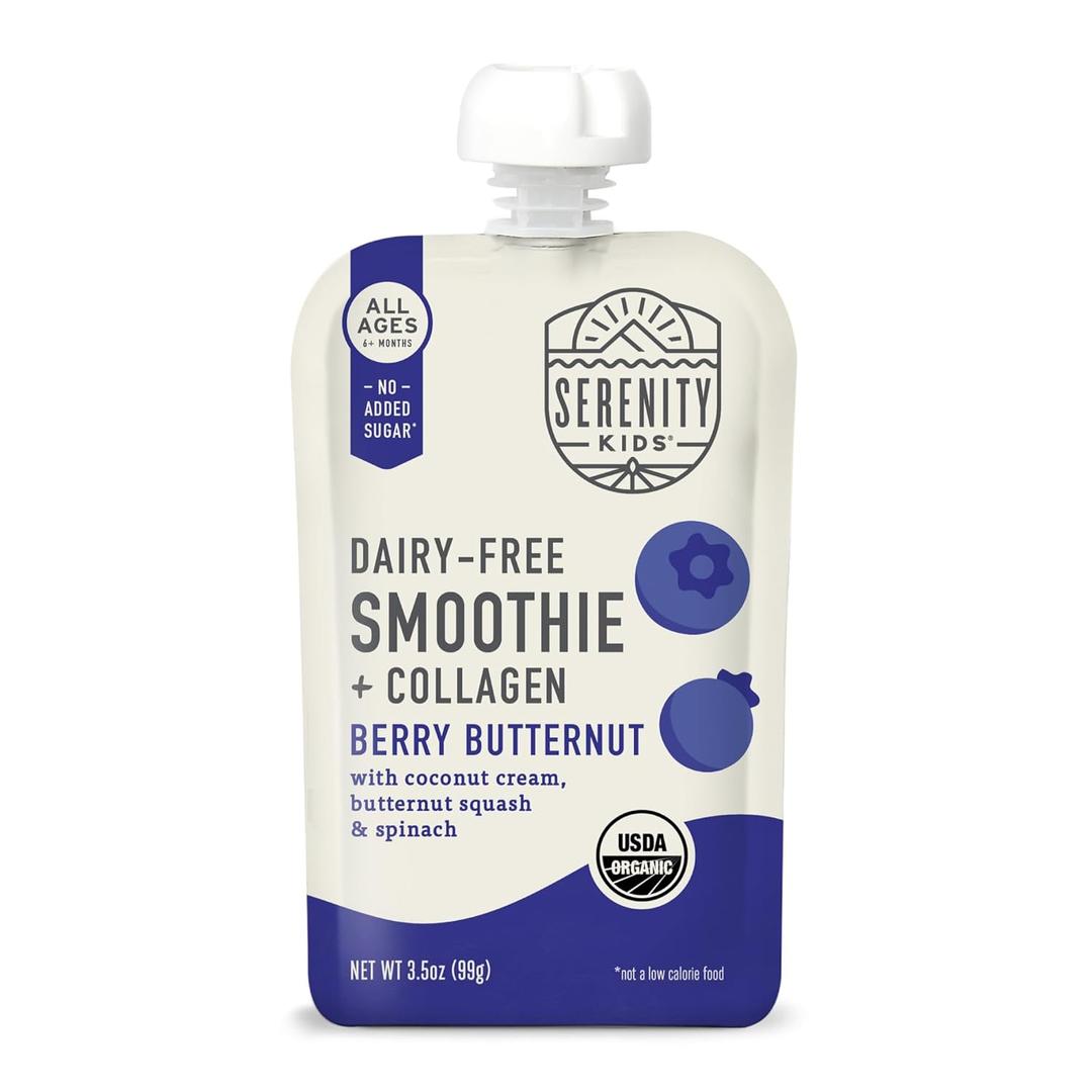 Serenity Kids 6+ Months Dairy Free Smoothie Baby Food - USDA Organic - Grass Fed Collagen Protein - 3.5 Ounce BPA-Free Pouch - Berry Butternut Protein Smoothie Baby Pouches - Count of 6