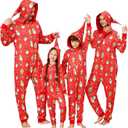 ANGELGGH Family Matching Christmas Onesie, Cute Vacation Xmas Print One Piece Pajamas, Hooded Holiday Sleepwear Nightwear PJs (Red, M)
