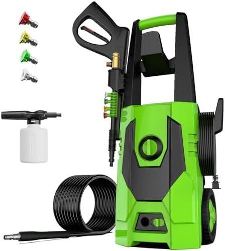 FIOCCO Pressure Washer, 5000PSI Max 3.4GPM Portable Power Washer with 35FT Cord, 20FT Hose, 4 Quick Nozzles, Foam Cannon High Power Washers for Cars, Patios, Driveways, Fences, Green