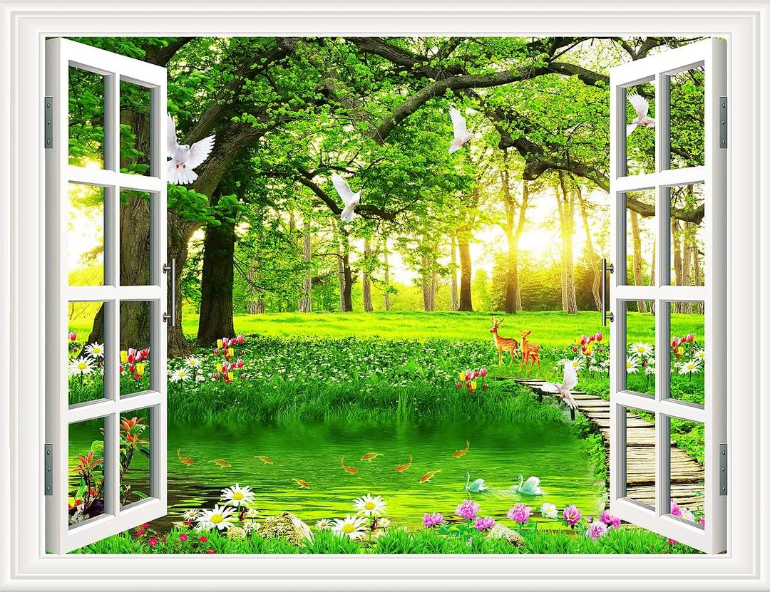 3D Self-Adhesive Painting Fake Window Wall Stickers Tropical Island with Palm Trees Wall Mural Window View Wall Decor for Home (17.3"27.6", Big Tree)