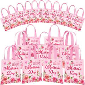 HunnmingRe 100 Pcs Mother's Day Gift Bags Bulk Floral Non Woven Treat Goodie Bags with Handles Reusable Love Mom Party Favors Gift Wrapping for Happy Mother's Day Birthday Party Supplies(Pink Rose)