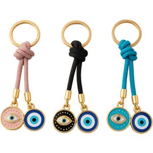 Evil Eye Keychain Gold 3 Pack  Handmade Turkish Gift for Keys and Bags, Authentic Istanbul Souvenir with Blue Nazar Beads and Colorful Cords, Protection Charm, Gold-Tone, for Women and Men
