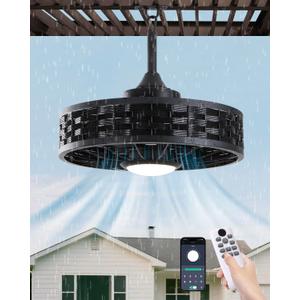 Outdoor Ceiling Fans with Light for Patios, 20" Weatherproof Gazebo Fan with Hanging Hook, Remote Control & APP, 6 Speeds, 3CCT, Caged Plug in Ceiling Fan for Patio (Black)