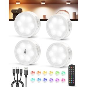 Radar Motion Sensor Puck Lights with Remote Control, RGB Rechargeable Wireless Under Cabinet Lighting for Kitchen, Magnet Stick on LED Closet Lights, Cordless Night Light for Counter, Stair, Bookshelf (4 Pack)