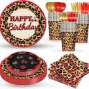 168pcs Cheetah Print Party Supplies Red Leopard Plates Napkins Cups Cutlery Set Black Cherry Birthday Tableware Set Y2K Cherry Leopard Print Party Supplies for Girls Women Birthday Events