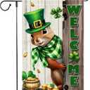 3 x Spring St Patricks Day Garden Flag 12x18inch Double Sided Burlap The Squirrel Lucky Shamrock Garden Flags Happy St. Patrick's Day For Outdoor Yard Patio Lawn Decor,Green Hat with Clovers Gold Coin Pot Welcome Outside Decorations Banner (RMQ88)