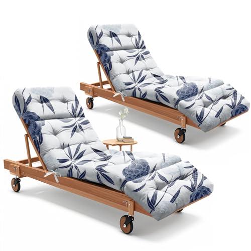 2 Pack Outdoor Chaise Lounge Chair Cushion 75.1 x 22.8 x 4.7 Inches 100% Waterproof Replacement Cotton Patio Pool Lounge Chair Cushion for Outdoor Furniture with Ties, Blue Enchantress