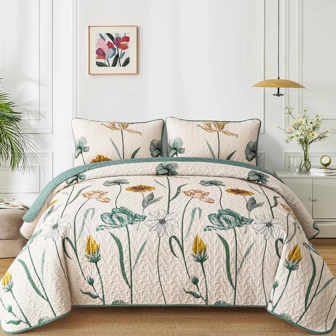 WONGS BEDDING Floral Quilt Set King,Green Yellow Printed Botanical Bedspread Bedding Set with 2 Pillowcase,Spring Summer Lightweight Farmhouse Coverlet Set for All Season (104"x90") (Aqua)