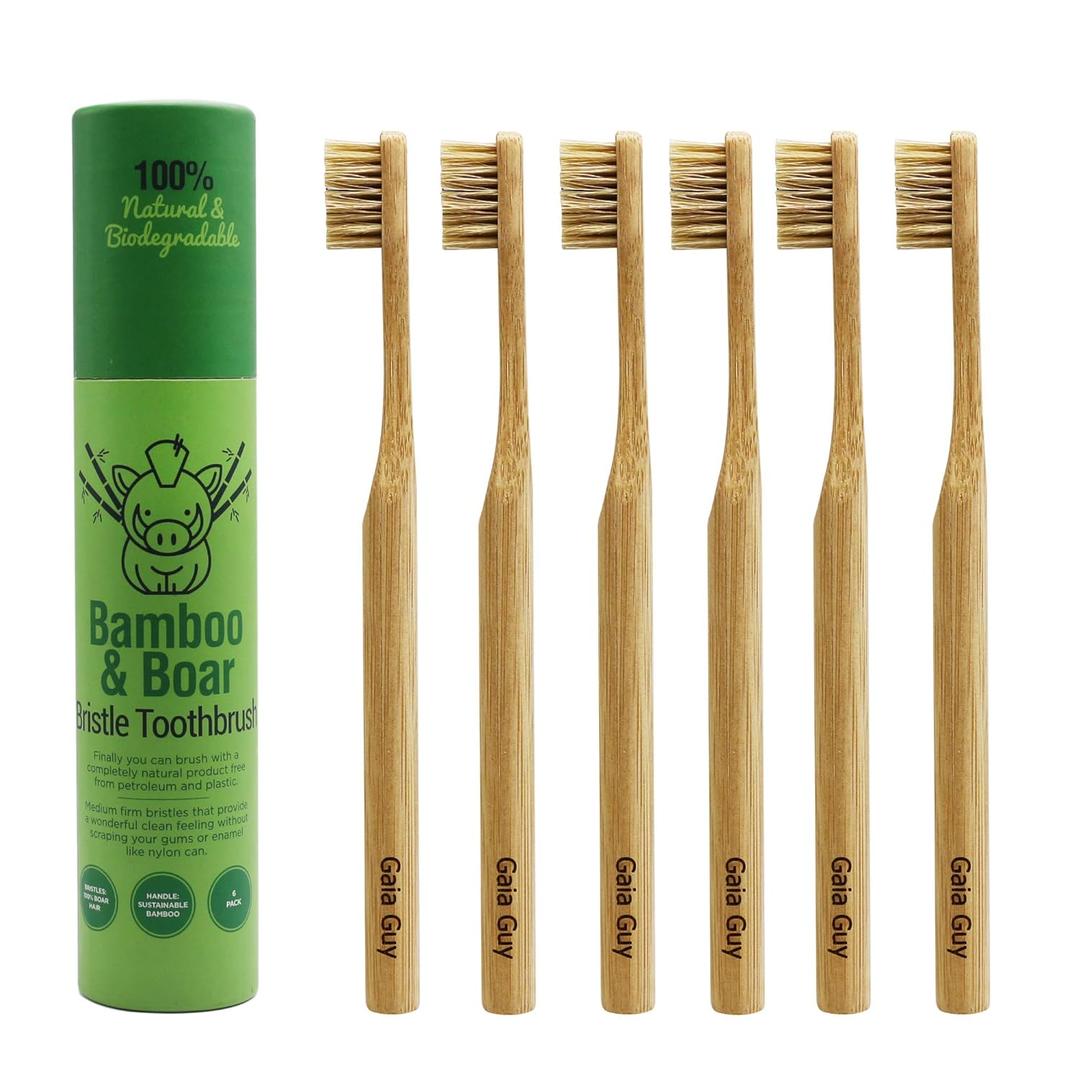 Gaia Guy Natural Bristle Bamboo Toothbrush (NO Nylon - Boar Hair ONLY) - Totally Compostable & Biodegradable Boar Bristle and Bamboo Toothbrushes - Zero Waste - 5-Pack