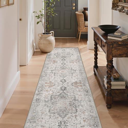 2X6 Runner Rug Non Slip, Machine Washable Hallway Runners, Low Plie & Thin Vintage Rug for Hallway, Kitchen, Laundry, Entryway, Bedroom & Living Room, Light Taupe Brown