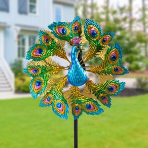 SUNNYGARDEN Wind Spinners Outdoor Peacock, 63 Inch Double-Sided Garden Windmill for Yard with 8 Green Feather Blades, Large Metal Garden Wind Spinner