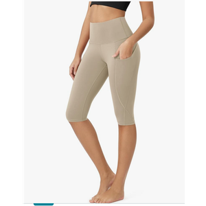 ODODOS Women's High Waisted Yoga Capris with Pockets, Tummy Control Non See Through Workout Athletic Running Capri Leggings, Small, Dark Beige 