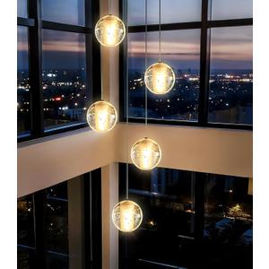HAIXIANG 5 Lights Globe Chandelier Modern Crystal Glam Light LED Warm Light Pendant Lights for Dining Room Kitchen Island Black Lighting Fixture