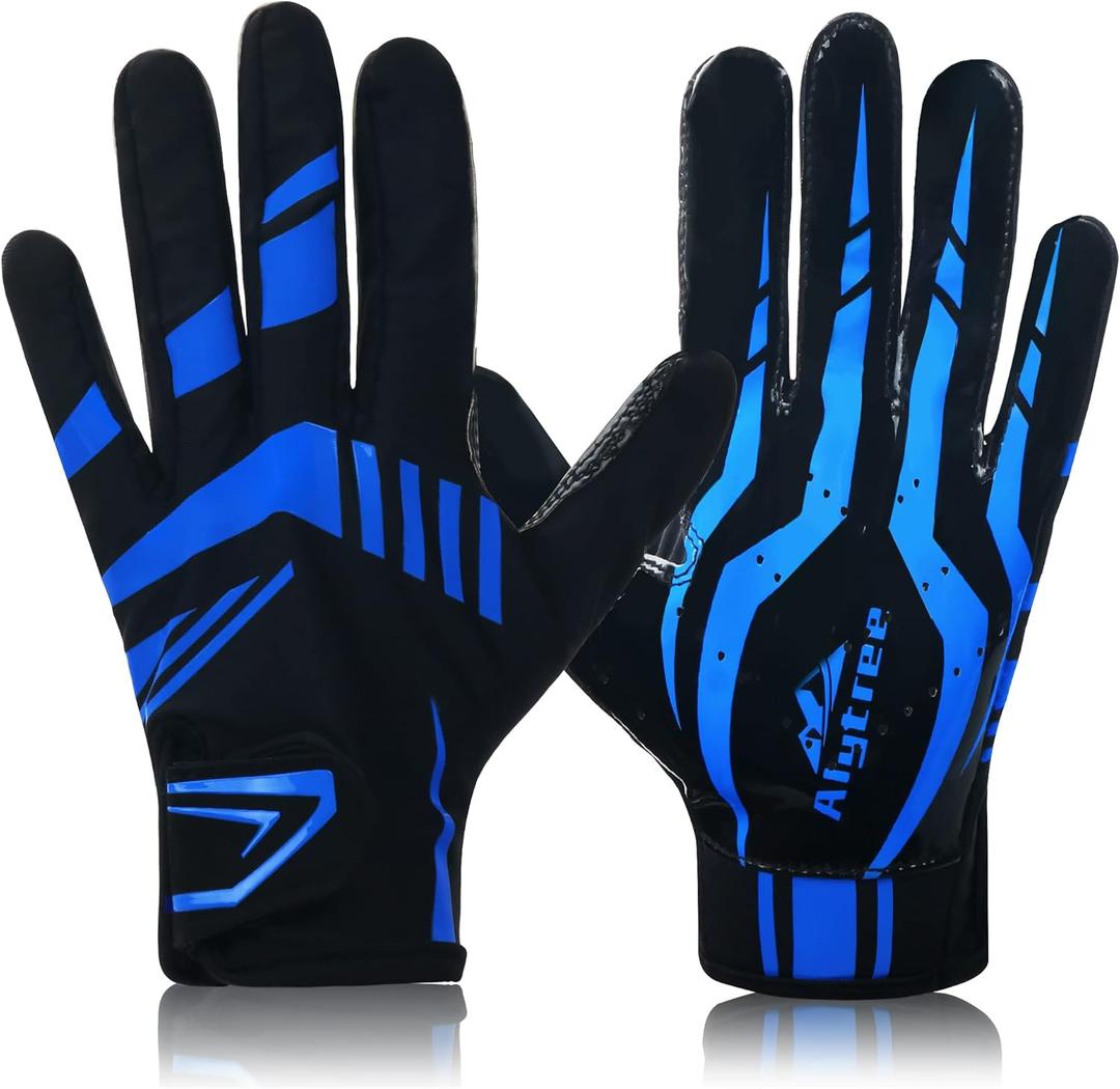 Football Gloves for Kids 8-12,No-Slip Youth Wide Receiver Glove,Enhanced Performance Silicone Gloves, Adjustable Super Sticky for Boys and Girls (Blue-Black-M/L)