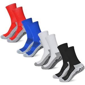 Finerview Men Grip Soccer Socks, Anti Slip Non Slip Grip Pads Athletic Sports Crew Socks, M, 4 Pack