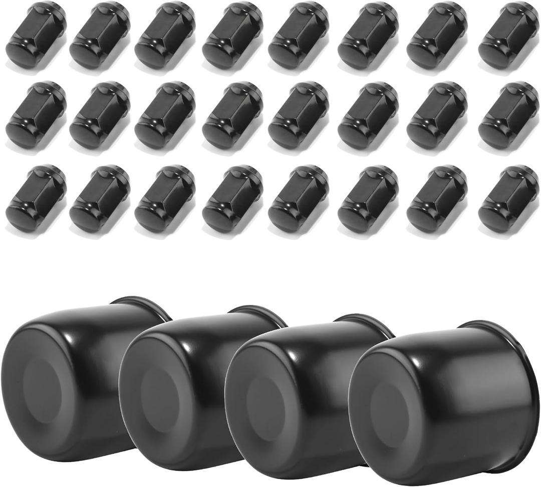 4-Pack Trailer Push Through Center Caps and Trailer Wheel Lug Sets - 4.25in Wheel Center Caps Matte Black Stainless Steel Hub Cap with 24 One-Piece Black 1/2-20 Lug Nuts for Truck RV​