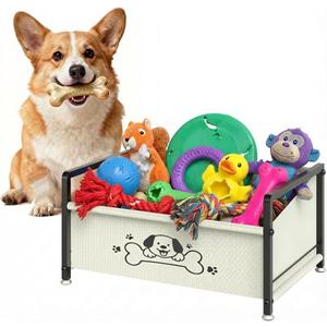 Dog Toy Box for Storage, Metal Frame Oxford Fabric Pet Toy Organizer with Raised Legs, Large Capacity Dog Toy Basket with Front Low Opening, Washable and Durable Design (White) 17.5"L x 12.2"W x 8.7"H