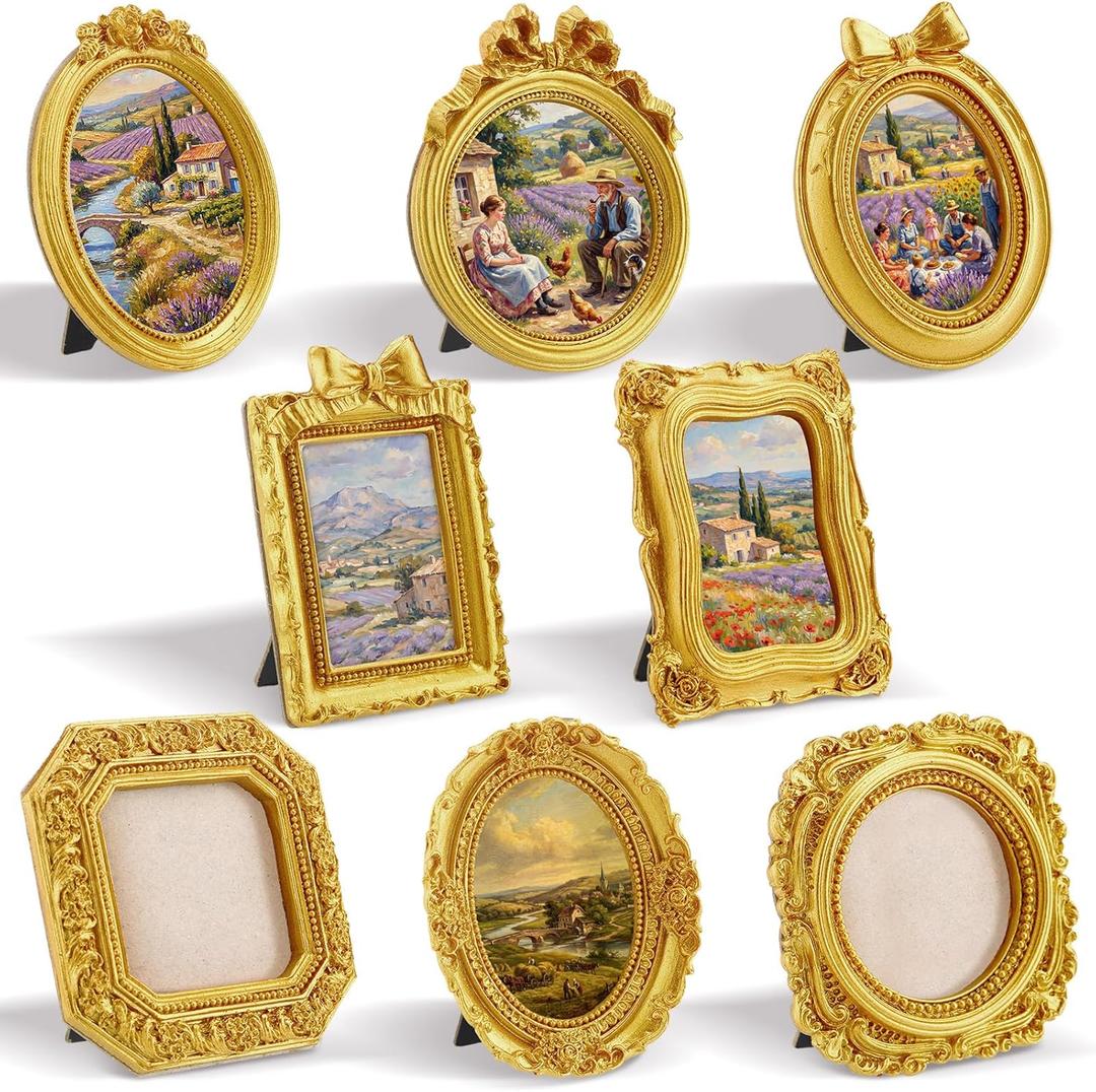 Qunclay 8 Pcs Vintage Picture Frames Set Gold Tiny Picture Frames Wallet Size Baroque Antique Resin Photo Decor for Valentines Day Wedding Party Tabletop Home Decor(Mixed Style 1)