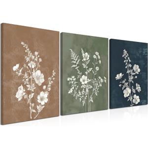 Framed Boho Canvas Wall Art Set of 3, Minimalist Botanical Picture Wall Decor Painting, Vintage Floral Rustic Farmhouse Posters Prints for Living Room Bedroom Bathroom Home Decor 12x16In