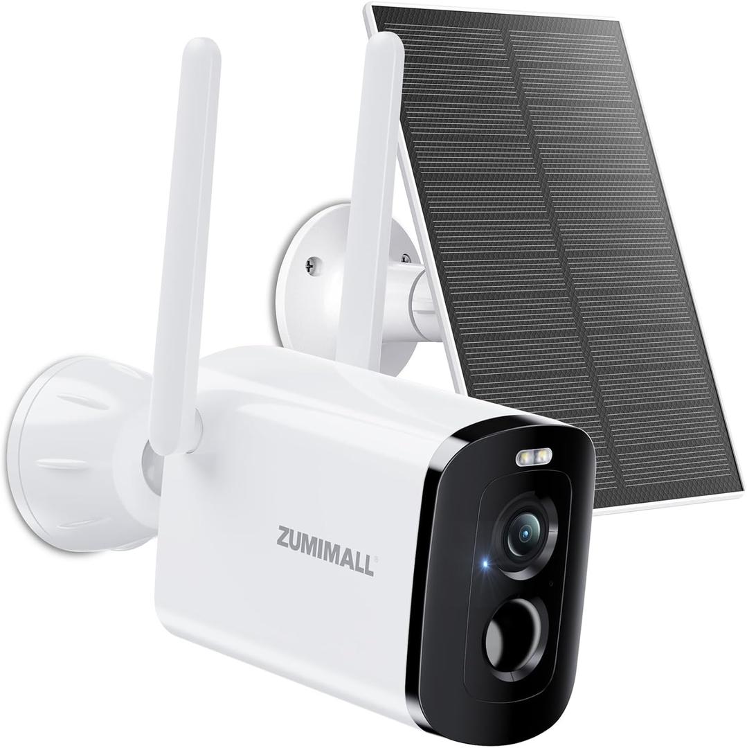 ZUMIMALL Solar Security Cameras Wireless Outdoor, 2K Camera for Home Security, Front Door, Yard & Garage, No Wiring, Color Night Vision, 2.4GHz WiFi, 2-Way Talk, Spotlight & Siren, IP66/Alexa/Cloud