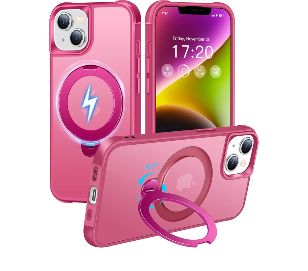 HuwaiH 360° Rotatable Magnetic Ring Stand for iPhone 13/14 Case, Compatible with MagSafe, Military-Grade Shockproof, Anti-Scratch Matte Translucent Phone Case for iPhone 13/14(Rose)