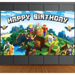 Pixel Backdrop Happy Birthday Banner Boy 5x3ft Miner Bday Sign Villager Gaming Birthday Party Decorations Videogame Themed Banner Video Game Decorations Video Game Backdrop for Boys
