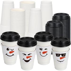100 Pcs 16 oz Christmas Disposable Paper Cups with Lids and Coffee Cup Sleeves Snowman Face Hot Cocoa Cups for Hot Cold Drinks Drinks, Family Gatherings & Xmas Holiday Party Supplies