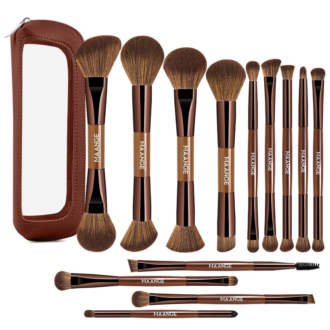 MAANGE 13 Pcs Foundation Makeup Brush Set With Bag, Make up Brushes, Double-End Multi Functional Makeup Brushes, Professional Face Brush Set Tools For Liquid Powder Concealer Cream Blush (Brown)