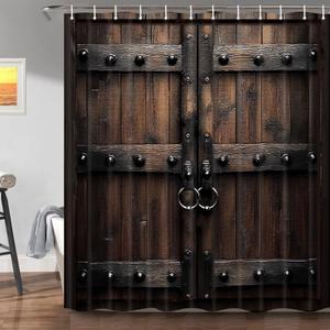 Rustic Barn Door Shower Curtain Brown Vintage Wooden Door Western Farm Farmhouse Rustic Wooden Door Vintage Castle Wooden Door Bathroom Cloth Shower Curtain 71X71 Inch