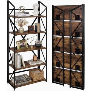 5 Tier Folding Bookshelf, No Assembly Foldable Storage Shelves, Brown