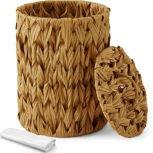 Ctosree 1.3 Gallons Small Trash Can with Lid Handle Boho Woven Braided Bathroom Waste Basket Trash Can with 100 Garbage Bags for Bedroom Office Laundry(Caramel Color,Braided Polypropylene,Round)