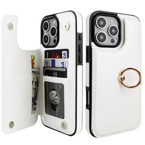 ONETOP for iPhone 16 Pro Max Wallet Case with Card Holder, 360° Rotation Ring Kickstand RFID Blocking PU Leather Double Magnetic Clasp Shockproof Cover for Women and Girls 6.9 Inch (White)