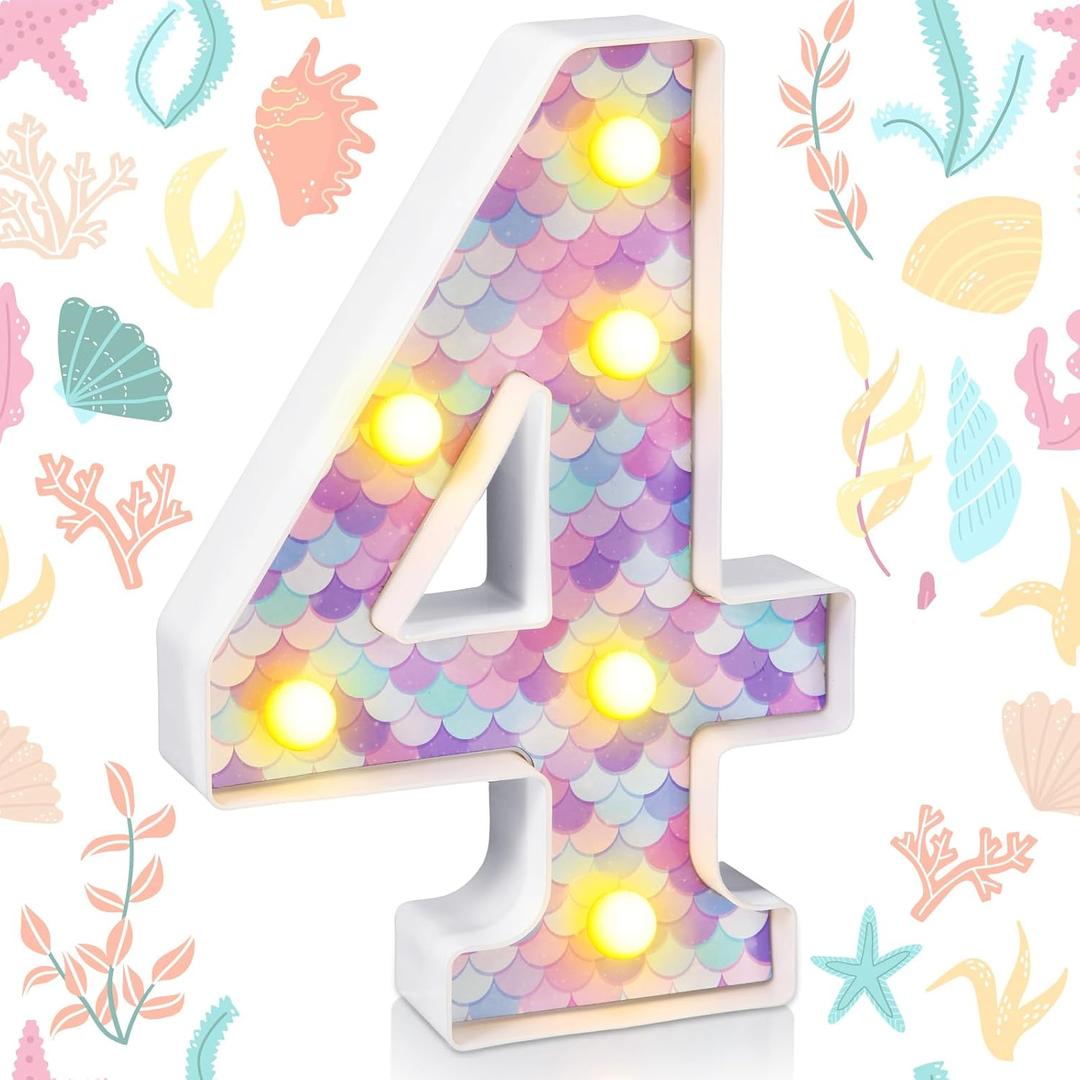Mermaid Birthday Party Decoration, Decorative LED Glowing Numbers Mermaid Theme Marquee Digital Lights Table Centerpiece for Kids Under The Sea Birthday Baby Shower Party Decoration(4)