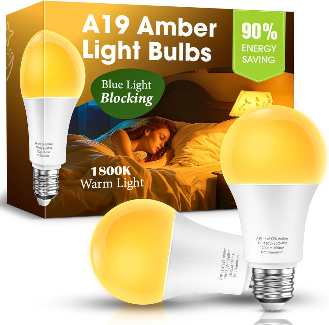 Sleep Light Bulb 100 Watt Equivalent 13W, Blue Light Blocking, 1800K Amber Color Light Bulbs, A19 Warm Light Bulb for Healthy Sleep and Baby Nursery Kids Bedroom, 2 Pack