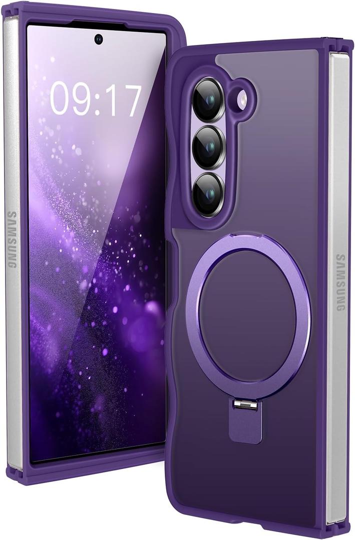 [Magnetic Stand & Wave Frame] Case for Samsung Galaxy Z Fold 5 [Fit for MagSafe] [Military Drop Protective] Not Yellowing Translucent Z Fold 5 Phone Ring Cover for Women Men 7.6" Purple