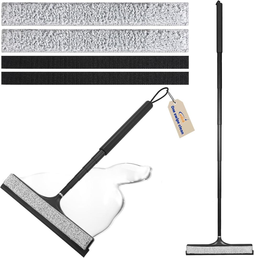 Shower Squeegee with Long Handle, Telescoping Window and Floor Extendable Squeegee for Shower Glass, Bathroom Surfaces, Mirrors, and Smooth Floors, Includes Replaceable and Washable Cloth Pads