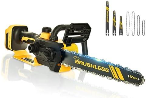 3-in-1 Cordless Chainsaw Compatible for Dewalt 20V/60V Max Battery, 12/8/6 Inch Switchable Bars, Brushless Motor, Portable Wood Cutter for DIY, Tree Trimming, & Gardening (Battery Not Included)