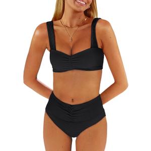 ANRABESS Bathing Suit for Women Tummy Control Bikini Set 2025 Beach Front Ruched Mid Waist Swimsuit with Adjustable Straps (Large, Black)