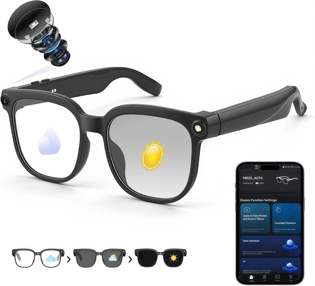 AI Smart Glasses with Camera, 8MP 4K/1080P Video Recording Glasses, Real-Time Translation, AI Voice Assistant & Object Recognition, Open-Ear Audio, Photochromic UV400 Lenses for Travel & Business