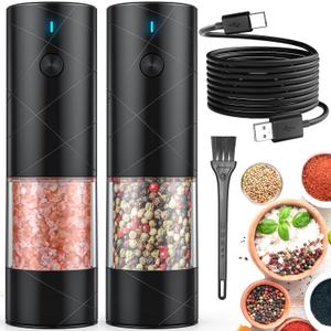 2 Pack Electric Salt and Pepper Grinder Set USB Rechargeable with Warm LED Light, Adjustable Coarseness Lidaop Large Capacity Automatic Salt Pepper Mill Grinder for Kitchen, Restaurant, Outdoor, Black (Rechargeable Set/Black)